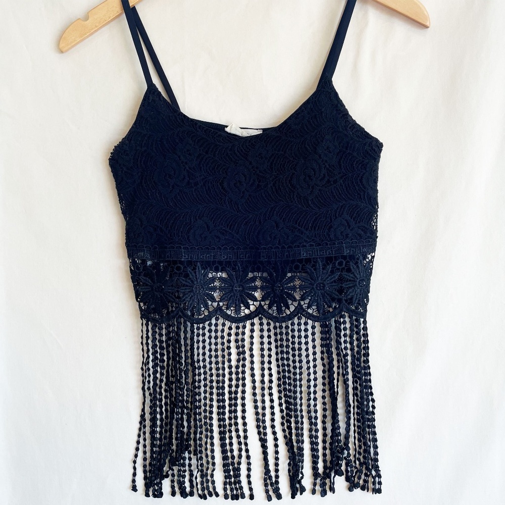 Crochet Spaghetti Strap Long Tassels Crop Top